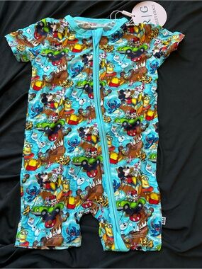Short-Sleeve Kids Bamboo Romper in Bright Turquoise with Character Mashup Print